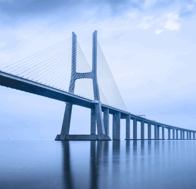 Vasco da Gama Bridge at sunrise in Lisbon, Portugal